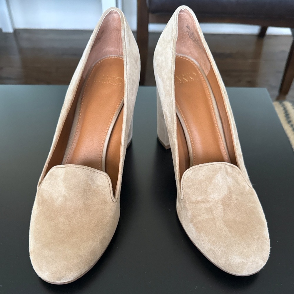 Franco‎ Sarto Albright Tan Suede Block Heel Loafer Pumps Womens 11M Almond Toe
